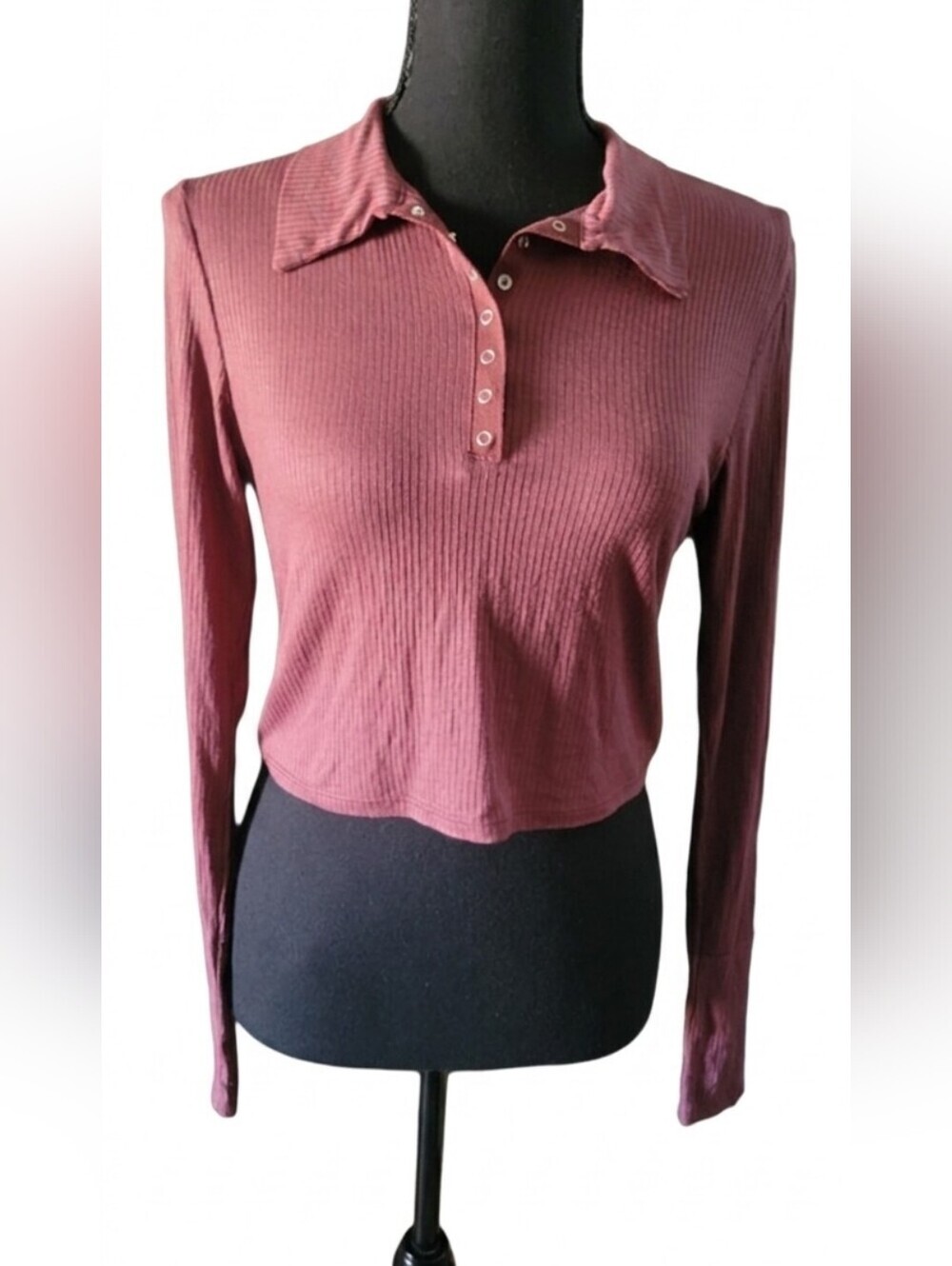 Free People Ribbed Button-Front Long Sleeve Crop Top - Mauve